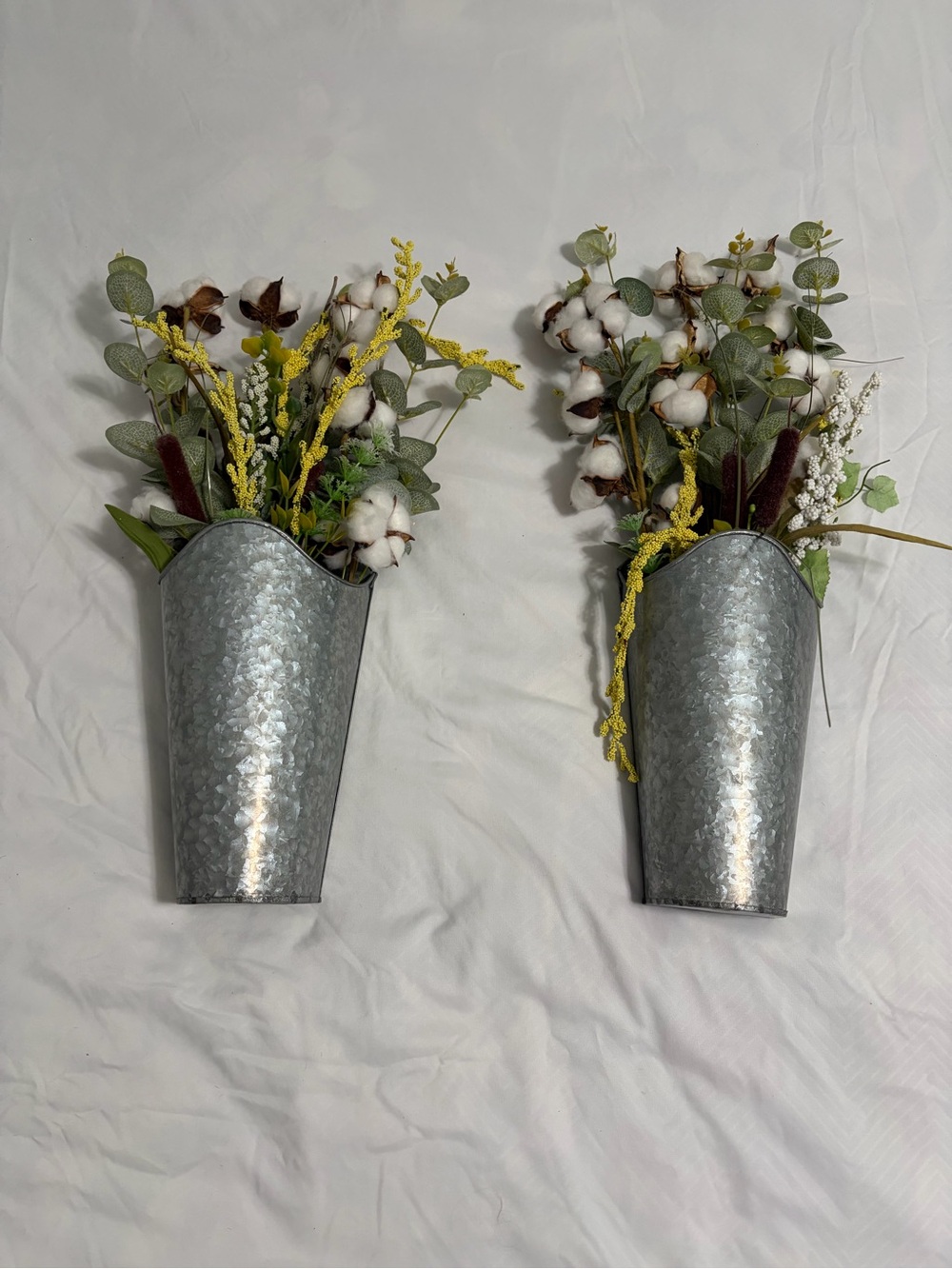 Galvanized Wall Pocket Planter with Cotton Stem Arrangement - Silver